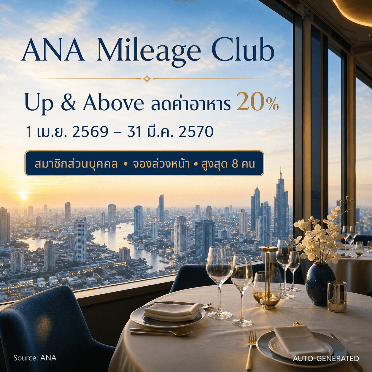 สมาชิก ANA Mileage Club รับส่วนลด 20% ที่ Up & Above กรุงเทพฯ
